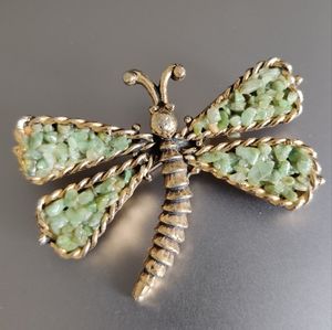 Dragonfly pin/ brooch gold plated with jadeite